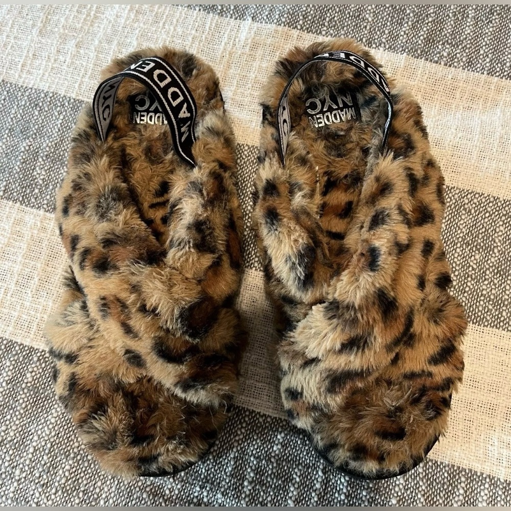 MADDEN NYC Fuzzy Leopard Print Slippers SZ 9 - Picture 2 of 7